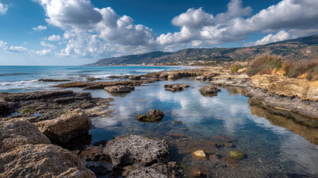 A photograph of Mediterranean coast 350 with mediterranean coastal lagoon, weathered seaside rocks,...