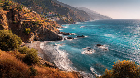 A photograph of Mediterranean coast 415 with terraced seaside hills, scattered coastal bushes, warm summer season, ultra realistic landscape photography, wide angle lens, natural colors, clean composition, no peopleの写真素材