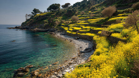 A photograph of Mediterranean coast 468 with curving mediterranean shoreline, stone terraces, spring...
