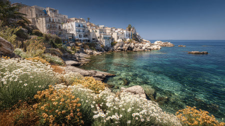 A photograph of Mediterranean coast with whitewashed coastal village, wild thyme plants, warm summer...