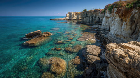 A photograph of Mediterranean coast 316 with mediterranean seaside cliffs, rocky limestone...