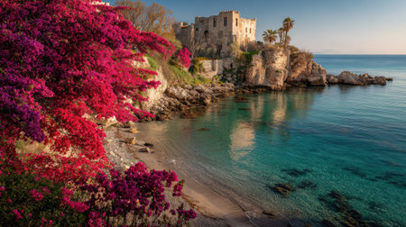 A photograph of Mediterranean coast 457 with mediterranean seaside castle ruins, bougainvillea...