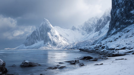 A photograph of Scandinavian fjords 119 with fjord shoreline cliffs, rocky alpine terrain, snowy...