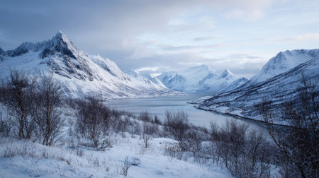 A photograph of Scandinavian fjords with fjord valley viewpoint, low arctic shrubs, snowy nordic...