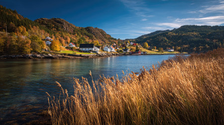 A photograph of Scandinavian fjords 144 with fjord harbor village, fjord coastal grasses, colorful...