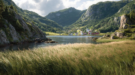 A photograph of Scandinavian fjords with fjord coastal settlement, nordic mountain grasses, bright...