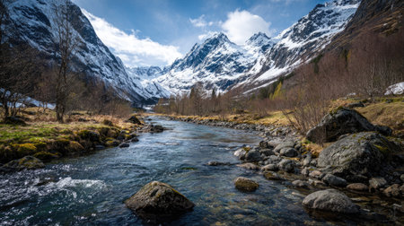 A photograph of Scandinavian fjords with fjord valley with winding fjord waters, scattered fjord...