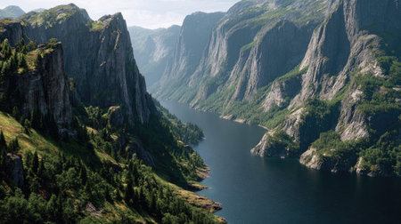 A photograph of Scandinavian fjords 246 with fjord shoreline cliffs, rocky alpine terrain, bright...