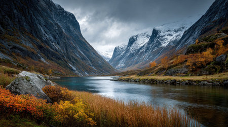 A photograph of Scandinavian fjords 344 with glacial fjord valley, fjord coastal grasses, colorful...