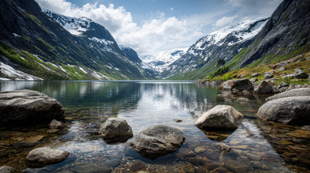 A photograph of Scandinavian fjords with fjord surrounded by snowy mountains, scattered boulders,...
