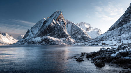 A photograph of Scandinavian fjords with fjord coastal inlet, glacial rock formations, snowy nordic...