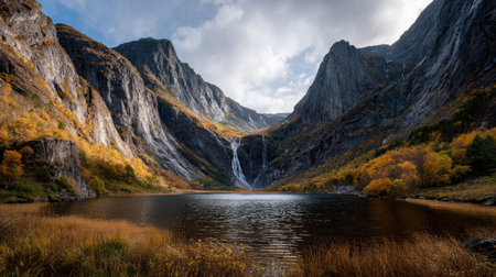 A photograph of Scandinavian fjords with fjord with cascading waterfalls, nordic mountain grasses,...