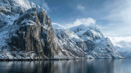 A photograph of Scandinavian fjords 300 with fjord shoreline with rocky cliffs, rocky fjord...
