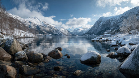 A photograph of Scandinavian fjords with fjord valley viewpoint, scattered fjord boulders, snowy...