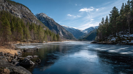 A photograph of Scandinavian fjords with glacial fjord valley, norwegian pine forest, nordic spring...