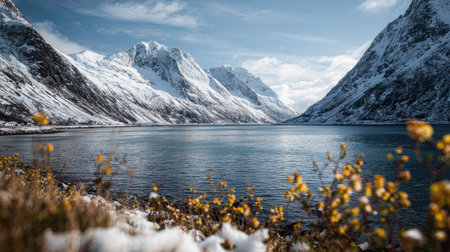 A photograph of Scandinavian fjords 59 with fjord with glacier carved mountains, wild alpine...