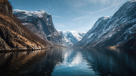 A photograph of Scandinavian fjords with deep blue fjord waters, glacial carved rock slopes, nordic...