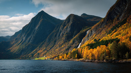 A photograph of Scandinavian fjords 93 with fjord mountain pass, fjord waterfalls, colorful nordic...