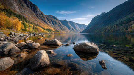 A photograph of Scandinavian fjords with fjord valley with winding shoreline, scattered fjord...