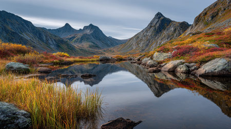 A photograph of Scandinavian fjords with alpine peaks, alpine grass meadows, colorful nordic autumn,...