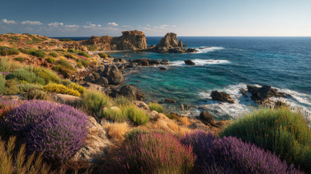 A photograph of Mediterranean coast 129 with rocky mediterranean archipelago, lavender bushes, early...
