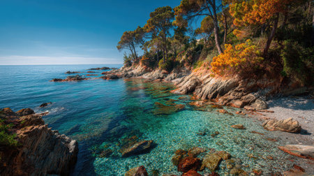 A photograph of Mediterranean coast 138 with secluded pebble beach, mediterranean pine trees, early...