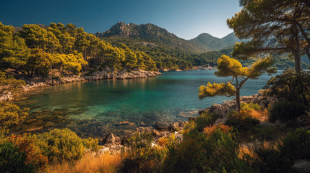 A photograph of Mediterranean coast 131 with mediterranean coastal lagoon, mediterranean pine trees,...