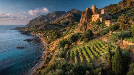 A photograph of Mediterranean coast 165 with mediterranean seaside castle ruins, mediterranean...