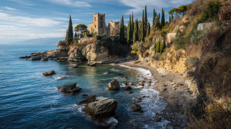 A photograph of Mediterranean coast 209 with mediterranean seaside castle ruins, cypress trees, mild...