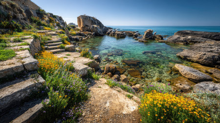 A photograph of Mediterranean coast 31 with ancient seaside ruins, stone terraces, spring bloom,...