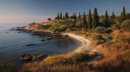 A photograph of Mediterranean coast 347 with curving mediterranean shoreline, cypress trees, early...
