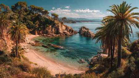 A photograph of Mediterranean coast 80 with secluded mediterranean coastal cove, coastal palm trees,...