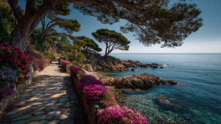 A photograph of Mediterranean coast 297 with seaside stone promenade, mediterranean pine trees,...