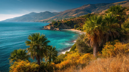 A photograph of Mediterranean coast 362 with mediterranean coastal hillside, coastal palm trees, early autumn warmth, ultra realistic landscape photography, wide angle lens, natural colors, clean composition, no peopleの写真素材
