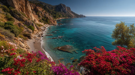 A photograph of Mediterranean coast 435 with mediterranean seaside cliffs, bougainvillea flowers,...