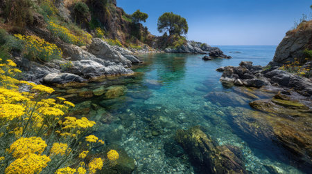 A photograph of Mediterranean coast 58 with rocky shoreline with crystal water, wild fennel plants,...