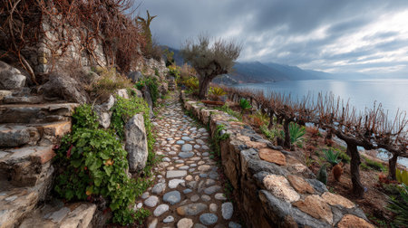 A photograph of Mediterranean coast 474 with coastal stone pathways, vine covered stone walls, mild...