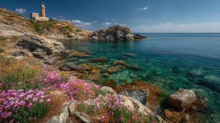 A photograph of Mediterranean coast 107 with stone lighthouse on coastal cliff, weathered seaside...