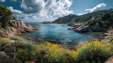 A photograph of Mediterranean coast 170 with secluded mediterranean coastal cove, wild fennel...