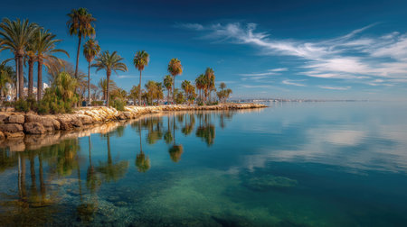 A photograph of Mediterranean coast 292 with calm mediterranean harbor bay, coastal palm trees, mild...