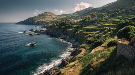 A photograph of Mediterranean coast 308 with terraced seaside hills, vine covered stone walls, warm...