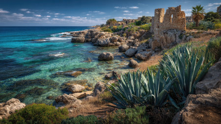 A photograph of Mediterranean coast 247 with ancient seaside ruins, coastal agave plants, warm...