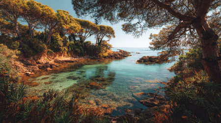 A photograph of Mediterranean coast 319 with mediterranean coastal lagoon, mediterranean pine trees,...