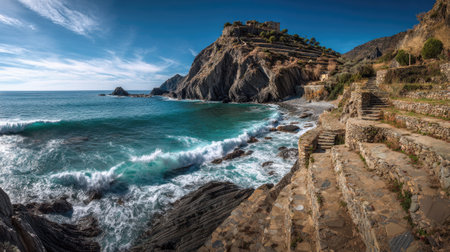 A photograph of Mediterranean coast 88 with mediterranean island coastline, stone terraces, mild...
