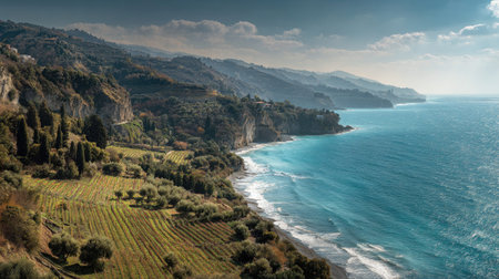 A photograph of Mediterranean coast 250 with mediterranean coastal road, mediterranean vineyard...