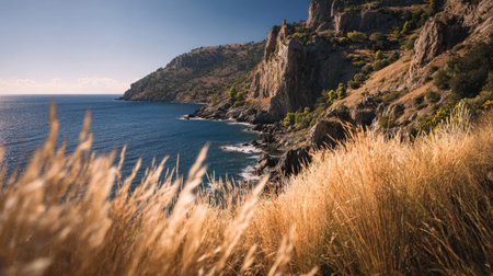 A photograph of Mediterranean coast 203 with mediterranean headland cliffs, dry mediterranean...