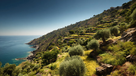 A photograph of Mediterranean coast 97 with coastal hillside terraces, olive groves, warm summer...