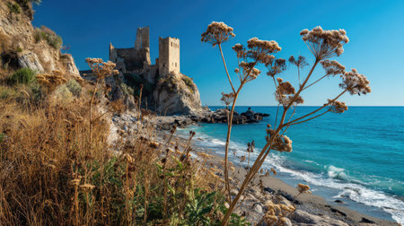 A photograph of Mediterranean coast 315 with mediterranean seaside castle ruins, wild fennel plants,...