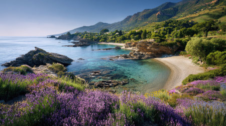 A photograph of Mediterranean coast 401 with secluded pebble beach, lavender bushes, spring bloom, ultra realistic landscape photography, wide angle lens, natural colors, clean composition, no peopleの写真素材