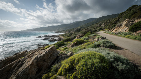 A photograph of Mediterranean coast 462 with mediterranean coastal road, salt resistant coastal plants, mild mediterranean winter, ultra realistic landscape photography, wide angle lens, natural colors, clean composition, no peopleの写真素材